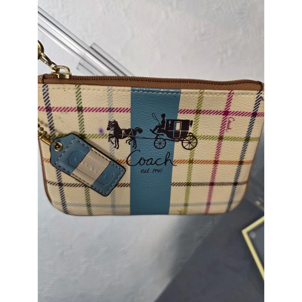 COACH Heritage Plaid Tattersall Stripe Horse & Carriage Wristlet Pouch Blue‎